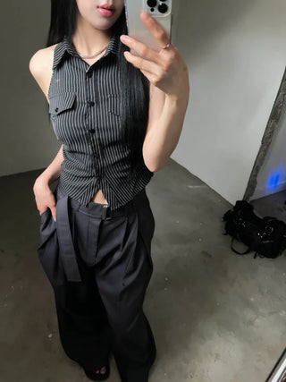 collared shirt halter neck striped backless slim fit waist back slit sleeveless