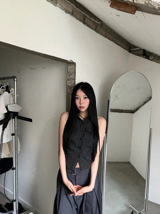 collared shirt halter neck striped backless slim fit waist back slit sleeveless