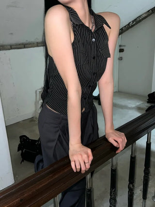 collared shirt halter neck striped backless slim fit waist back slit sleeveless