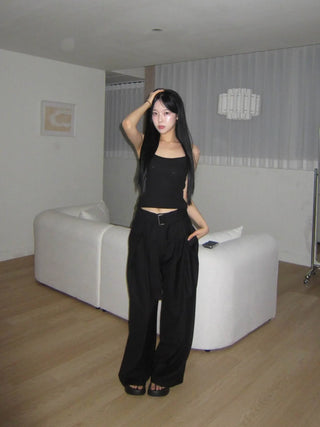 belt pin tuck wide long slacks
