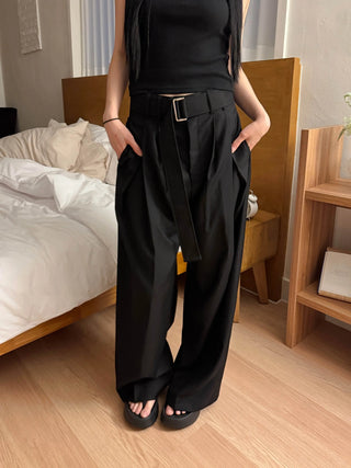 belt pin tuck wide long slacks