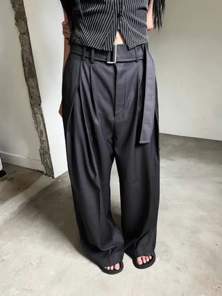 belt pin tuck wide long slacks