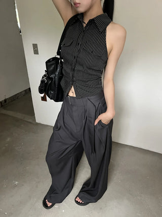 belt pin tuck wide long slacks