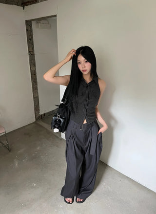 belt pin tuck wide long slacks