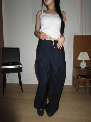 belt pin tuck wide long slacks