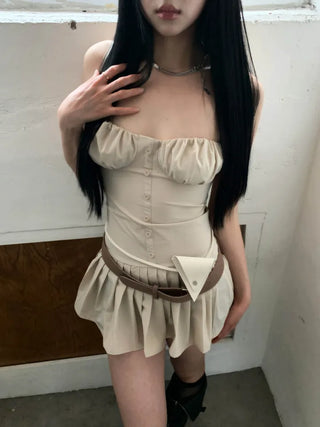 Corset volume shirring beige mini one-piece