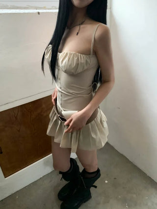 Corset volume shirring beige mini one-piece