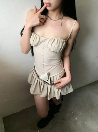 Corset volume shirring beige mini one-piece