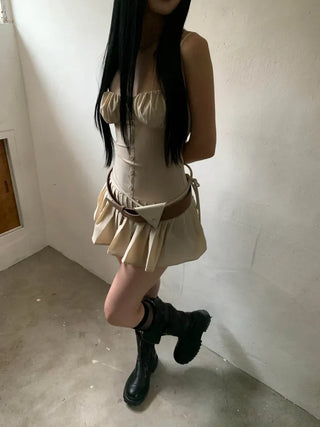 Corset volume shirring beige mini one-piece