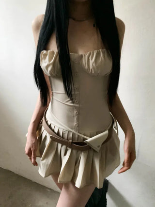 Corset volume shirring beige mini one-piece
