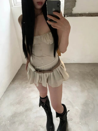 Corset volume shirring beige mini one-piece