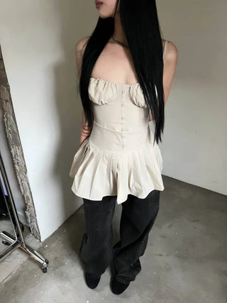 Corset volume shirring beige mini one-piece