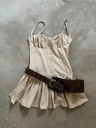 Corset volume shirring beige mini one-piece