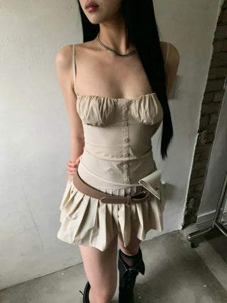 Corset volume shirring beige mini one-piece