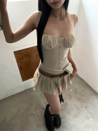 Corset volume shirring beige mini one-piece