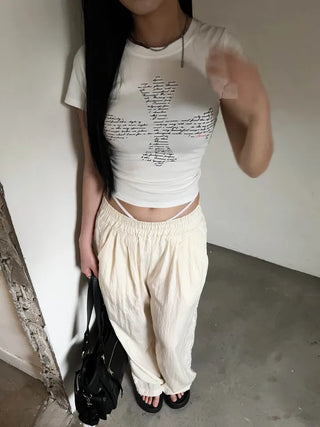 Lettering Cross Y2K Crop Slim Fit Summer Short Sleeve T-Shirt