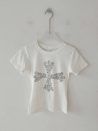Lettering Cross Y2K Crop Slim Fit Summer Short Sleeve T-Shirt
