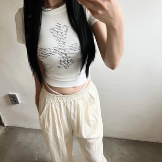 Lettering Cross Y2K Crop Slim Fit Summer Short Sleeve T-Shirt