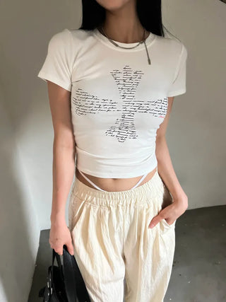 Lettering Cross Y2K Crop Slim Fit Summer Short Sleeve T-Shirt