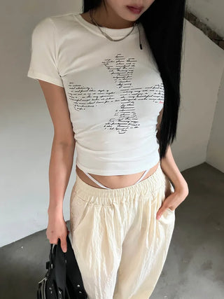 Lettering Cross Y2K Crop Slim Fit Summer Short Sleeve T-Shirt