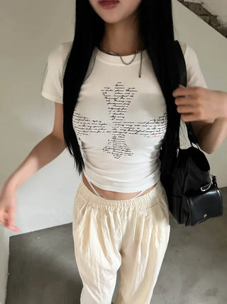 Lettering Cross Y2K Crop Slim Fit Summer Short Sleeve T-Shirt