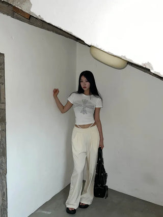 Lettering Cross Y2K Crop Slim Fit Summer Short Sleeve T-Shirt