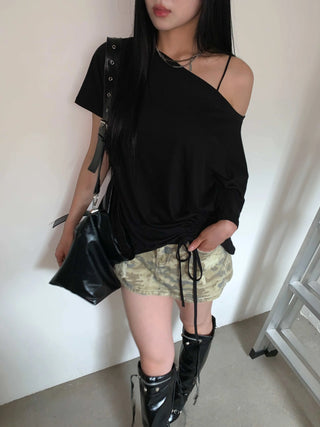 side shirring off-shoulder oversized boxy t-shirt