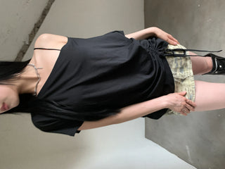 side shirring off-shoulder oversized boxy t-shirt