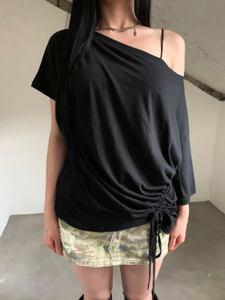 side shirring off-shoulder oversized boxy t-shirt