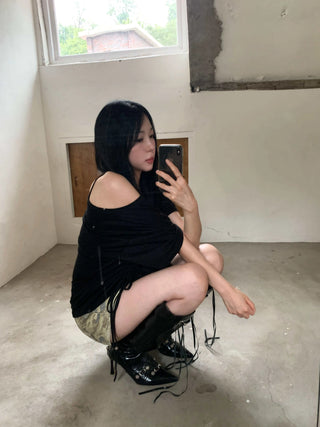 side shirring off-shoulder oversized boxy t-shirt