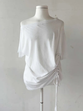 side shirring off-shoulder oversized boxy t-shirt