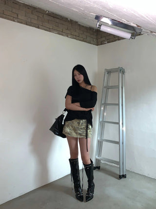 side shirring off-shoulder oversized boxy t-shirt