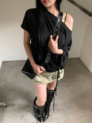 side shirring off-shoulder oversized boxy t-shirt