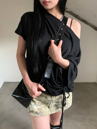 side shirring off-shoulder oversized boxy t-shirt