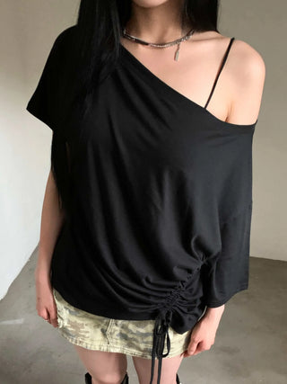side shirring off-shoulder oversized boxy t-shirt