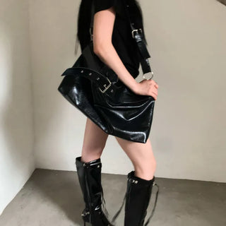 Black Wide Belted Leather Crossbody Bag Big Bag Shoulder Bag