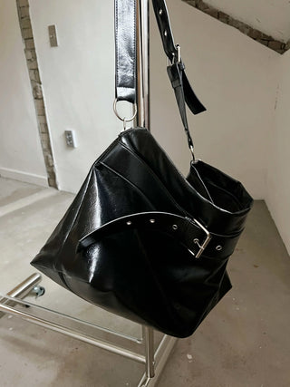 Black Wide Belted Leather Crossbody Bag Big Bag Shoulder Bag