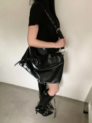 Black Wide Belted Leather Crossbody Bag Big Bag Shoulder Bag