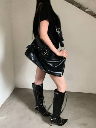 Black Wide Belted Leather Crossbody Bag Big Bag Shoulder Bag