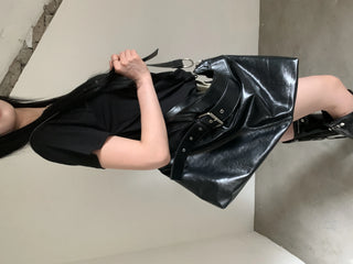 Black Wide Belted Leather Crossbody Bag Big Bag Shoulder Bag