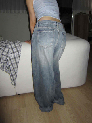 OOTJ/OOT Low-Rise Wide Mid-Cyan Crack Wash Roll-Up Denim Pants