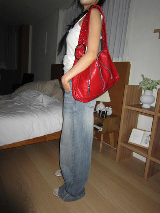 OOTJ/OOT Low-Rise Wide Mid-Cyan Crack Wash Roll-Up Denim Pants