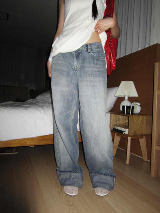 OOTJ/OOT Low-Rise Wide Mid-Cyan Crack Wash Roll-Up Denim Pants