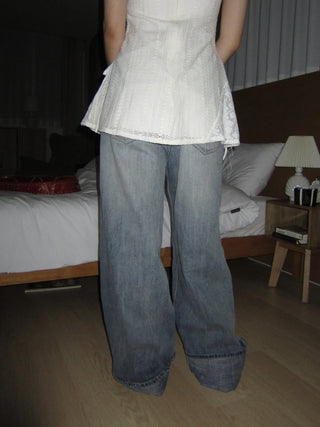 OOTJ/OOT Low-Rise Wide Mid-Cyan Crack Wash Roll-Up Denim Pants