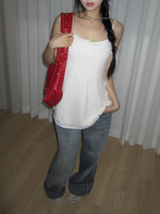 OOTJ/OOT Low-Rise Wide Mid-Cyan Crack Wash Roll-Up Denim Pants