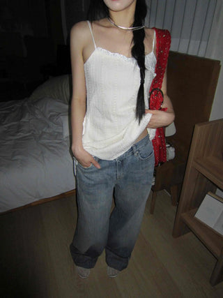 OOTJ/OOT Low-Rise Wide Mid-Cyan Crack Wash Roll-Up Denim Pants