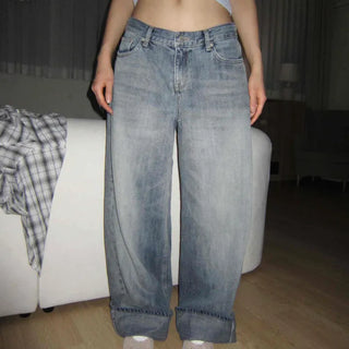 OOTJ/OOT Low-Rise Wide Mid-Cyan Crack Wash Roll-Up Denim Pants