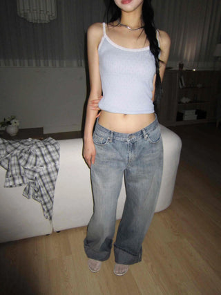 OOTJ/OOT Low-Rise Wide Mid-Cyan Crack Wash Roll-Up Denim Pants