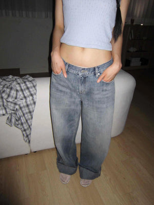 OOTJ/OOT Low-Rise Wide Mid-Cyan Crack Wash Roll-Up Denim Pants