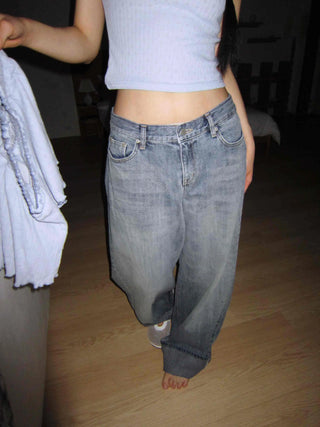 OOTJ/OOT Low-Rise Wide Mid-Cyan Crack Wash Roll-Up Denim Pants